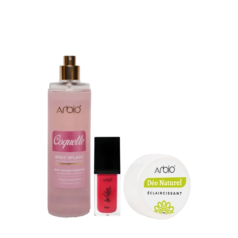 BODY SPLASH COQUETTE + DÉO ÉCLAIRCISSANT +LIP GLOSS SEMI-MAT -ROSE1