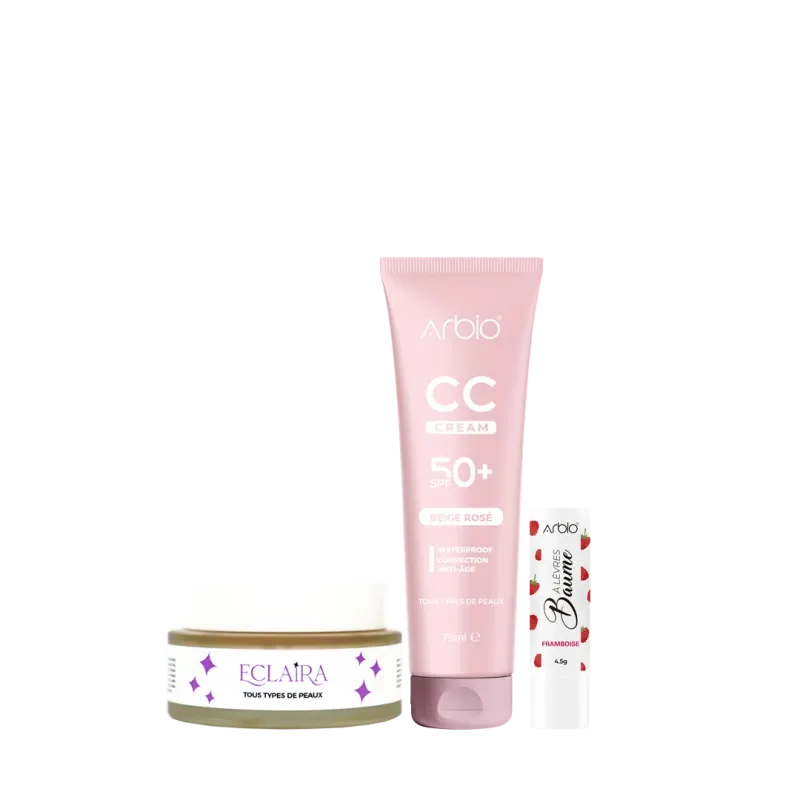 Éclat Rosé: BAUME À LÈVRES FRAMBOISE, CC CREAM BEIGE ROSÉ , CRÈME DE NUIT ECLAIRA