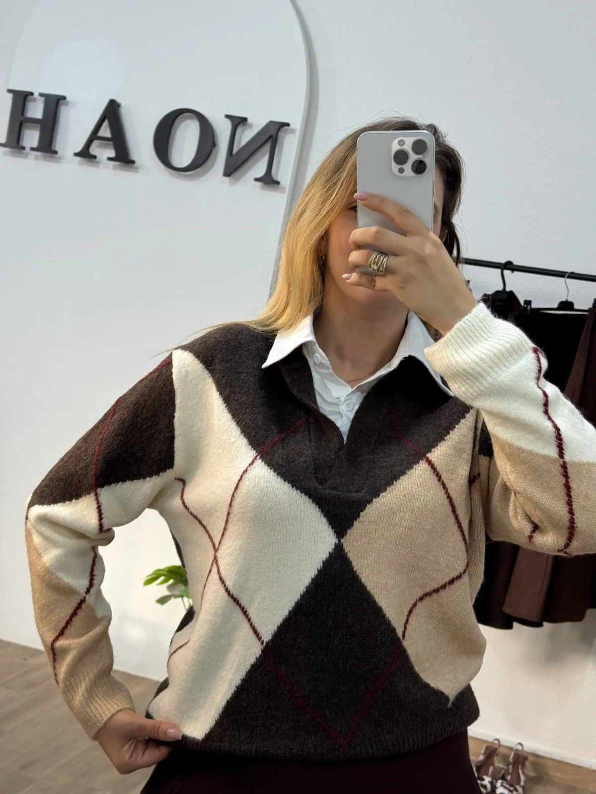 Pull À Carreaux Col Chemise
