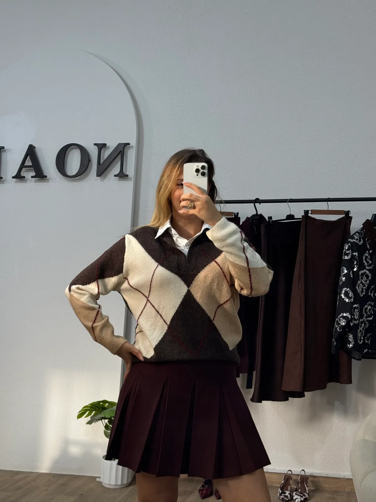 Pull À Carreaux Col Chemise