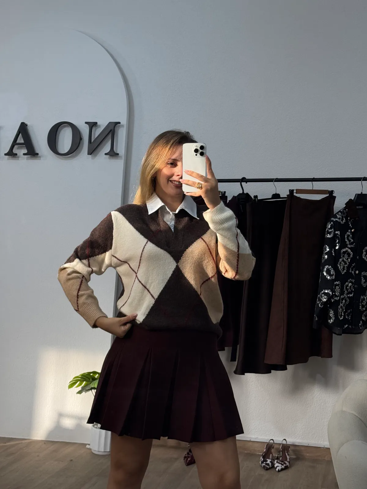 Pull À Carreaux Col Chemise