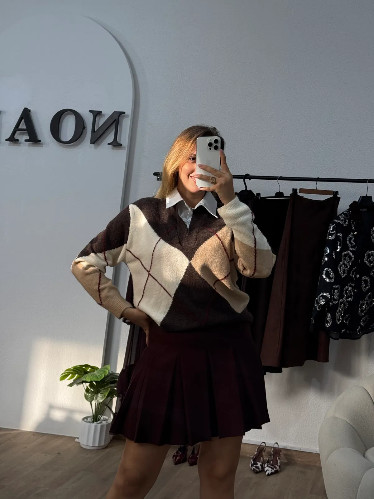 Pull À Carreaux Col Chemise